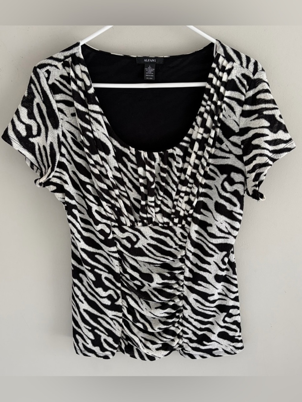 Alfani Ruched Animal Print Top Stretch Knit Blouse.